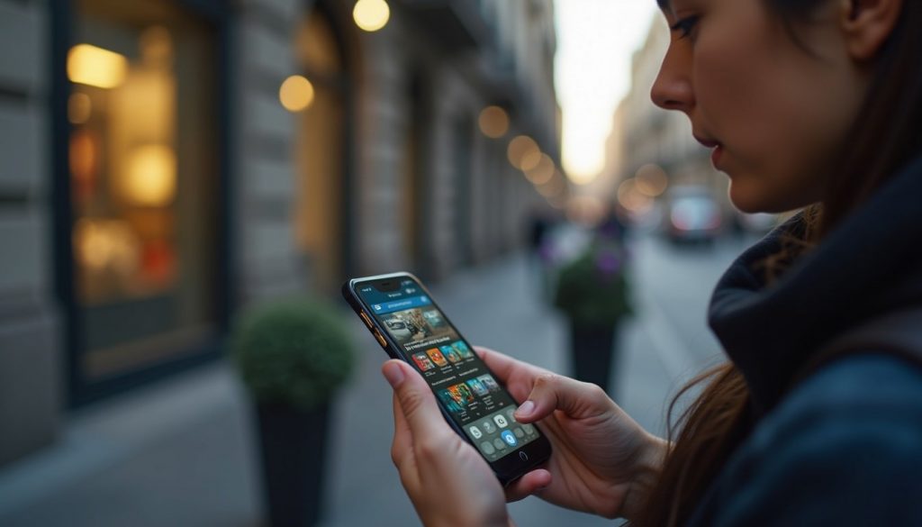 teléfono móvil mostrando pantalla con iconos de aplicaciones populares en español sobre fondo moderno