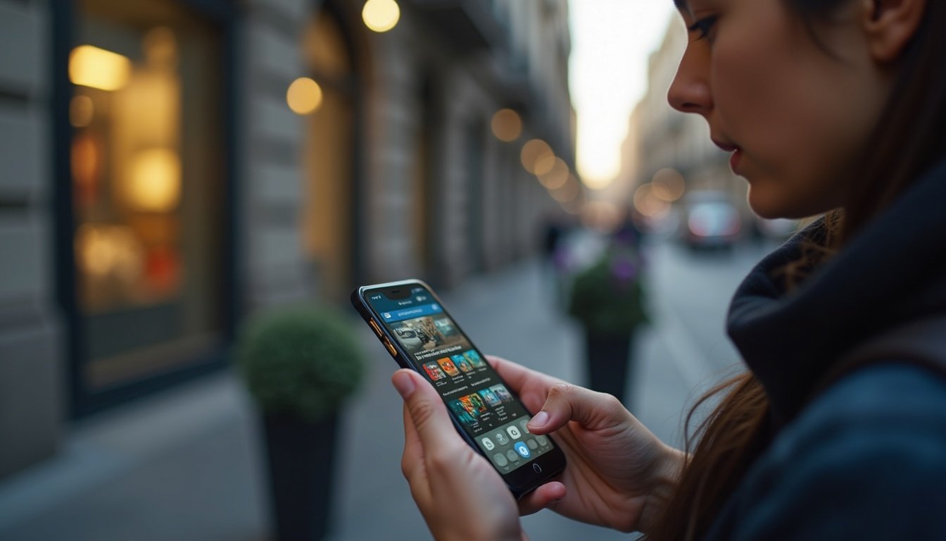 teléfono móvil mostrando pantalla con iconos de aplicaciones populares en español sobre fondo moderno
