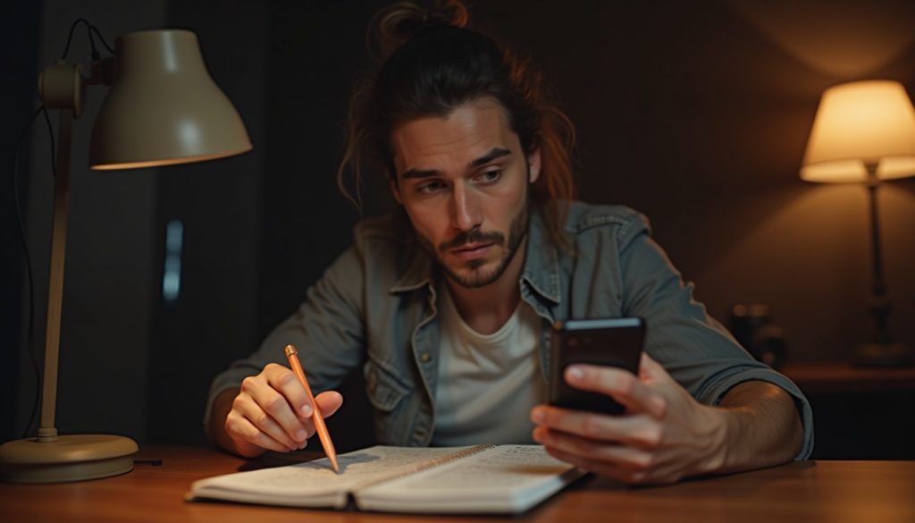 manos sosteniendo móvil Android con notificación 'Almacenamiento casi lleno' y iconos de limpieza flotando