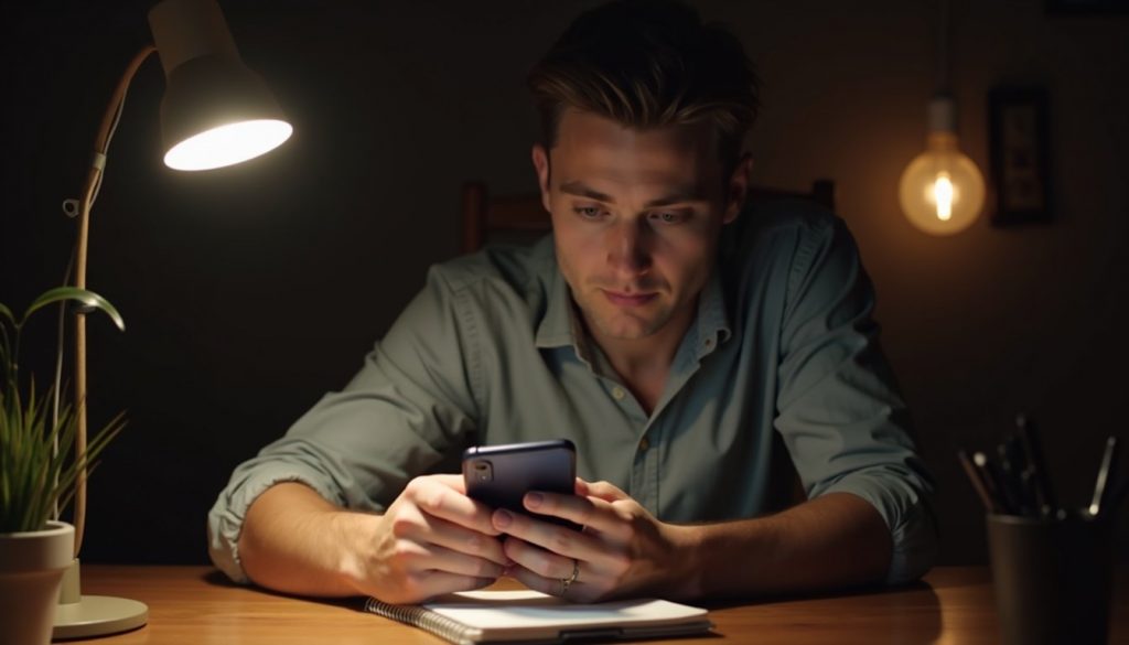 manos sosteniendo móvil con icono batería llena y gráficos ahorro energía fondo azul