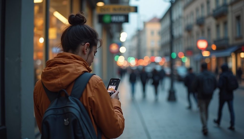 persona comparando dos smartphones modernos con pantallas brillantes en tienda tecnológica