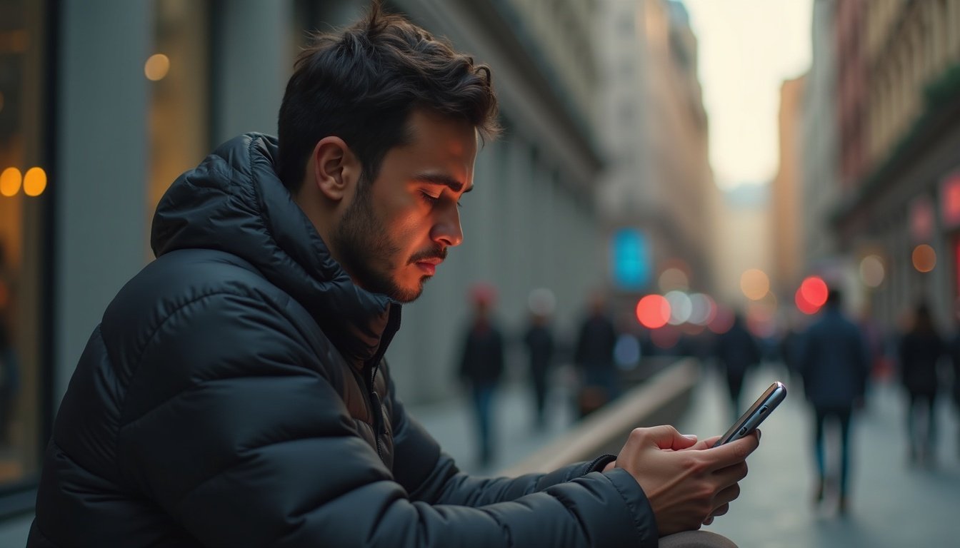 persona comparando dos smartphones modernos con pantallas brillantes y diseños delgados en tienda tecnológica