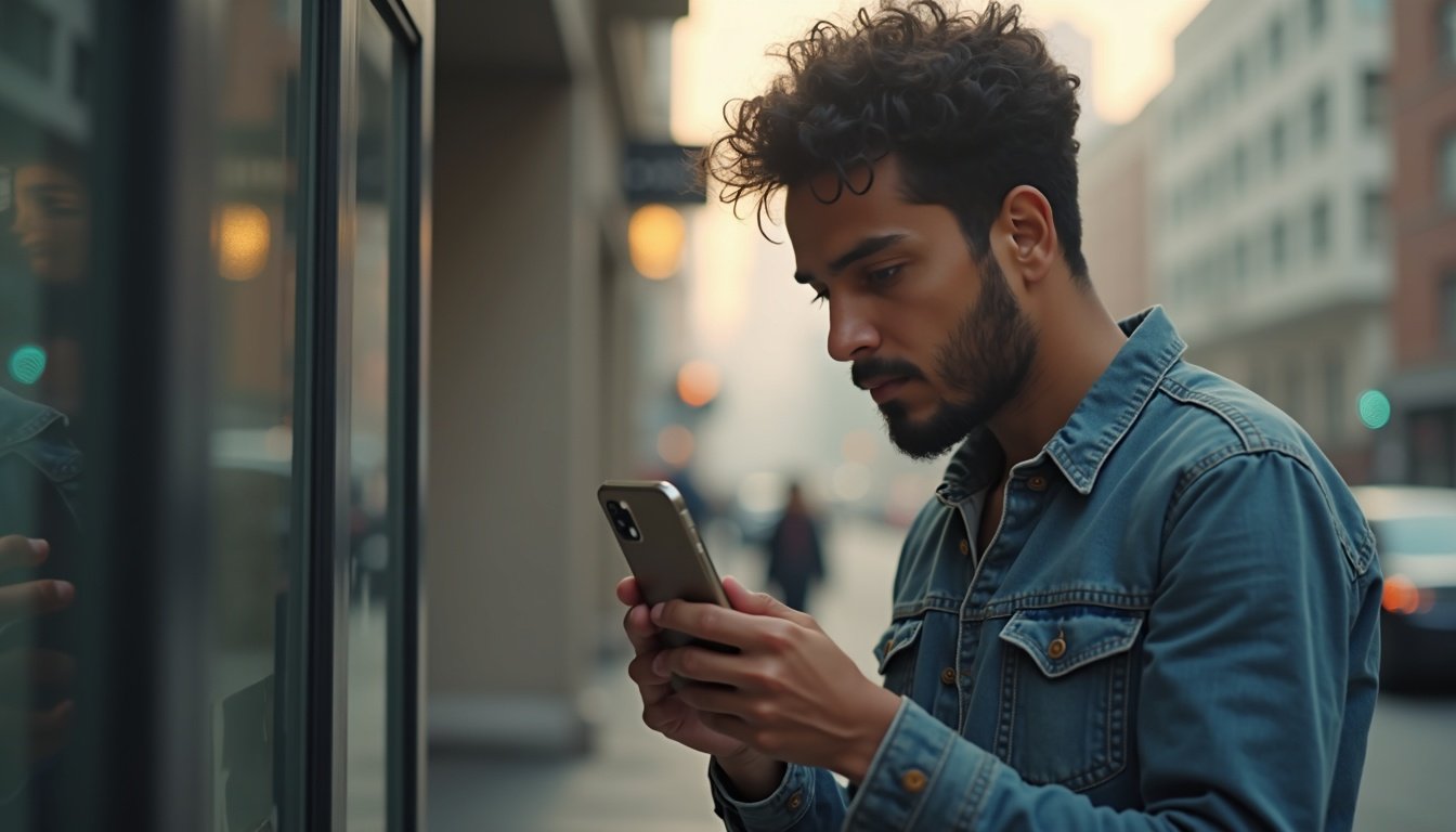Persona comparando dos smartphones modernos con pantalla táctil y diseño delgado sobre fondo tecnológico azul
