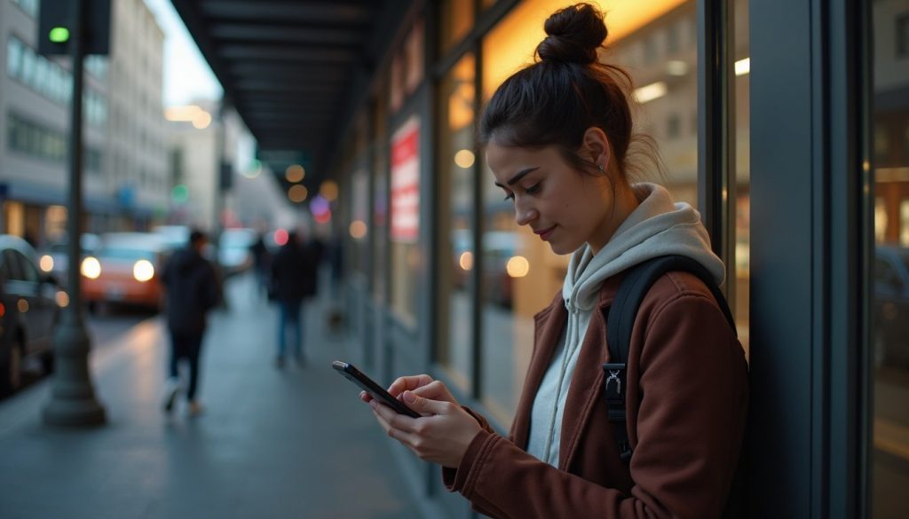 Persona comparando dos smartphones modernos en tienda con pantallas brillantes y diseño elegante