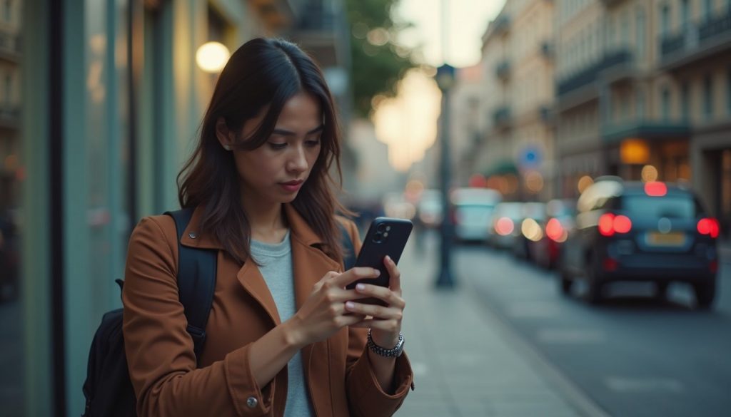 persona comparando dos smartphones modernos en tienda con pantalla táctil y cámara visible