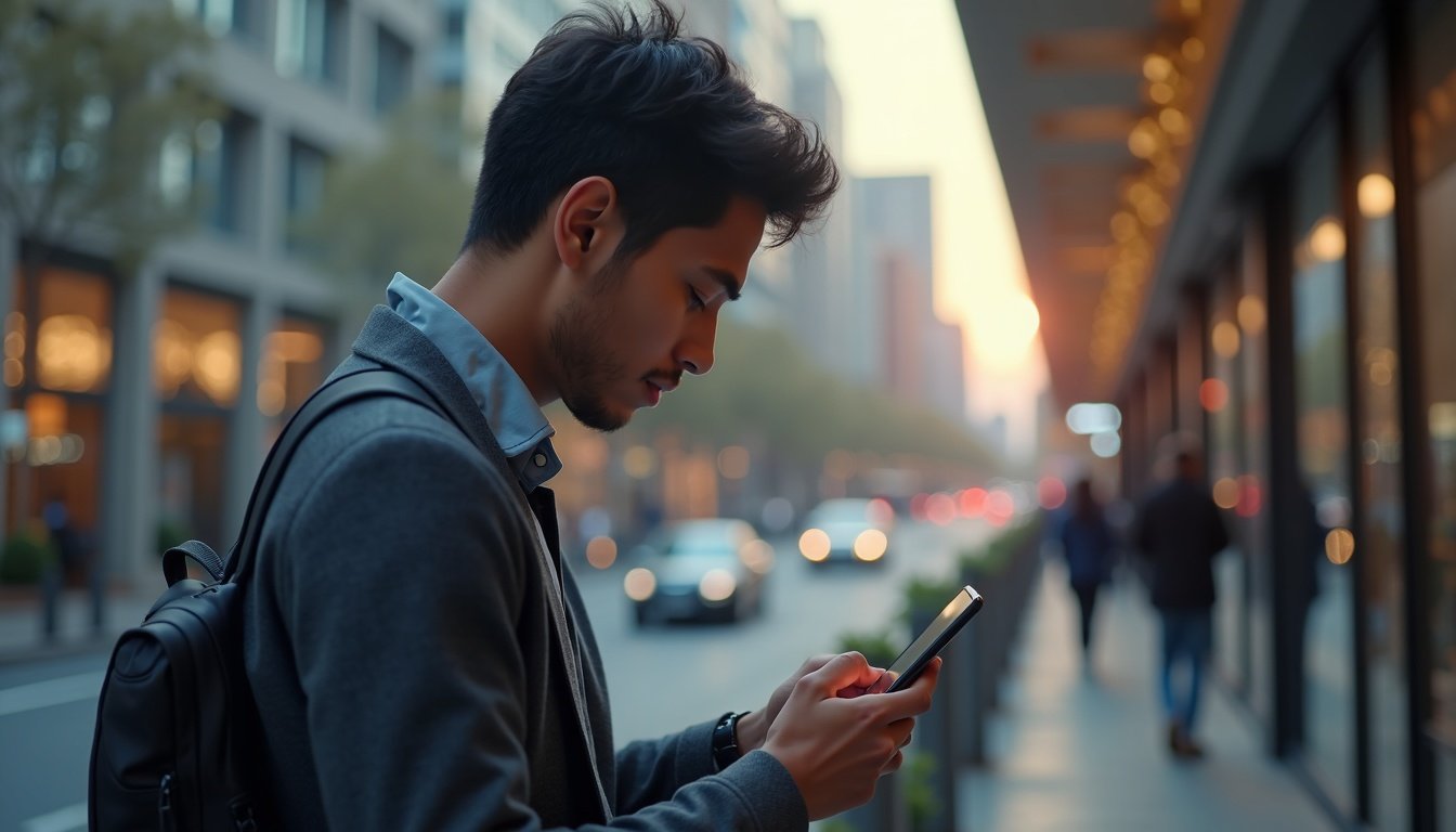 Persona comparando dos smartphones modernos con pantalla táctil y diseño delgado sobre fondo tecnológico azul