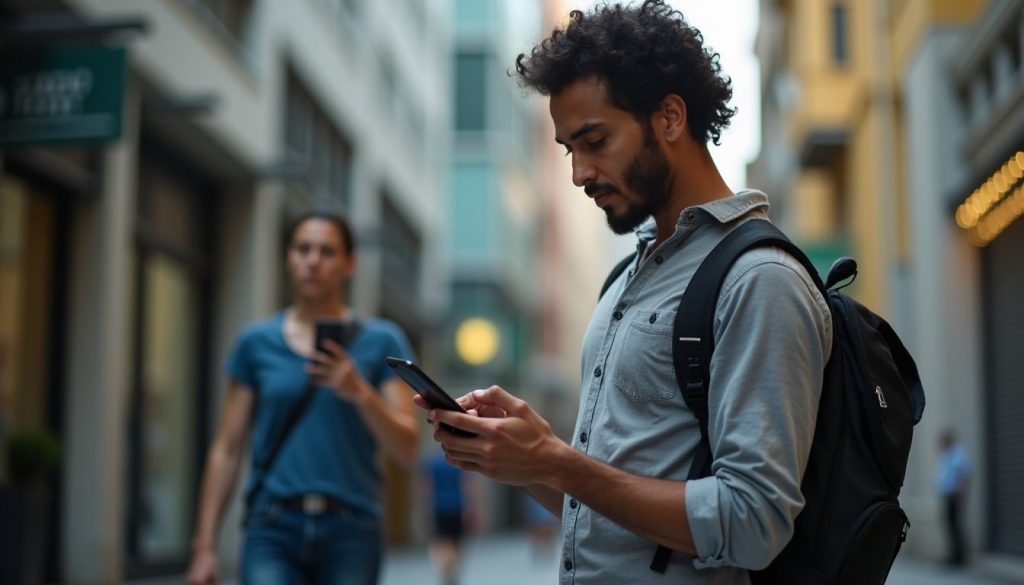 Persona comparando dos smartphones modernos con pantallas brillantes y diseño delgado en una tienda de tecnología