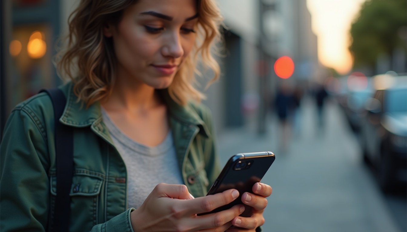 persona comparando dos smartphones modernos en tienda con fondo tecnológico y gráficos de especificaciones