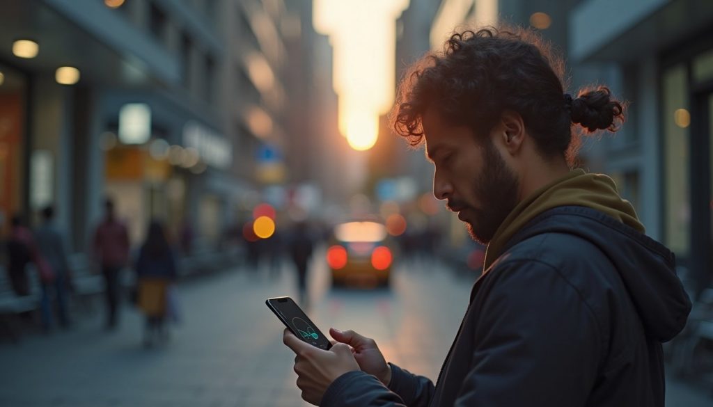 persona comparando dos smartphones modernos en tienda con pantallas encendidas mostrando apps y cámaras visibles