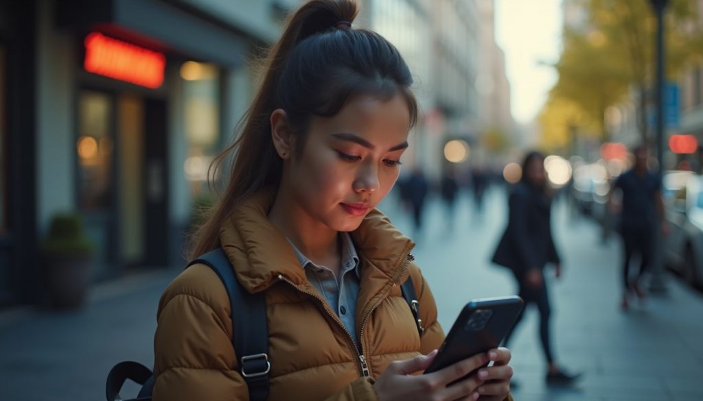 persona comparando dos smartphones modernos en tienda con caja visible y pantalla encendida mostrando apps