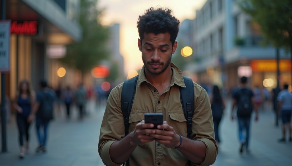 Persona comparando dos smartphones modernos en una tienda, con enfoque en pantallas y cámaras traseras
