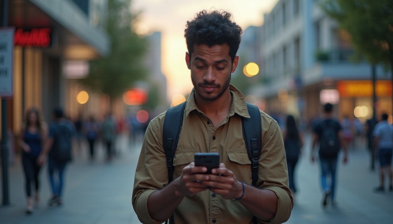 Persona comparando dos smartphones modernos en una tienda, con enfoque en pantallas y cámaras traseras