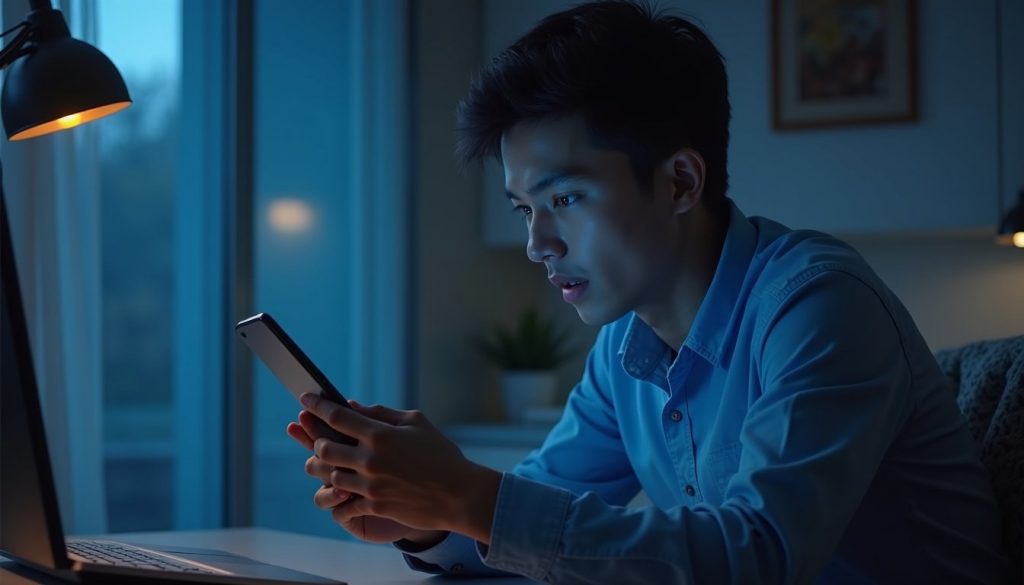 Smartphone moderno mostrando interfaz holográfica de asistente virtual con iconos de IA y aplicaciones flotantes en pantalla oscura con tonos azules