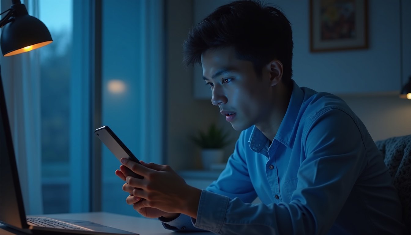 Smartphone moderno mostrando interfaz holográfica de asistente virtual con iconos de IA y aplicaciones flotantes en pantalla oscura con tonos azules