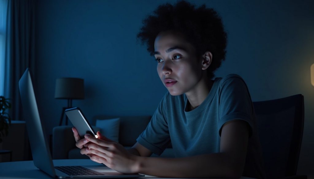 Smartphone moderno mostrando interfaz de asistente virtual con gráficos de IA en pantalla holográfica