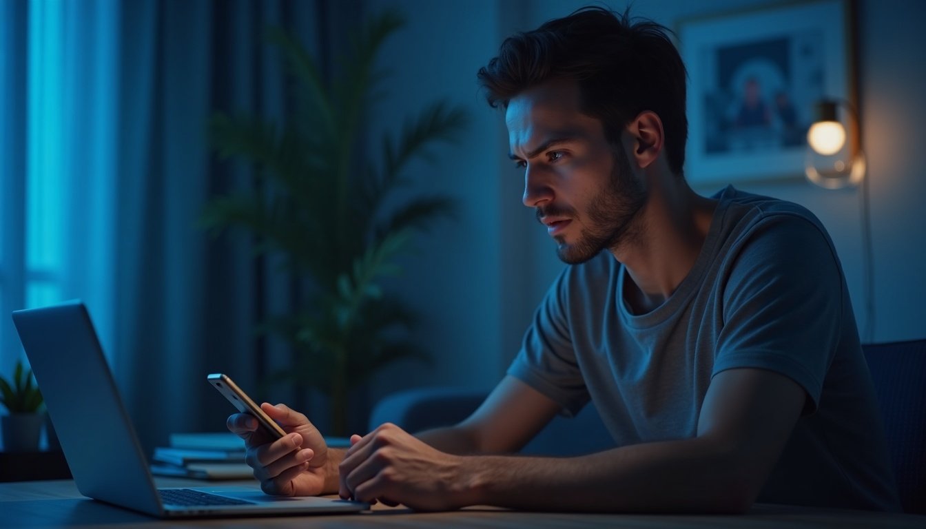 smartphone moderno mostrando interfaz holográfica de asistente virtual con iconos de IA y apps flotantes en pantalla oscura con tonos azules