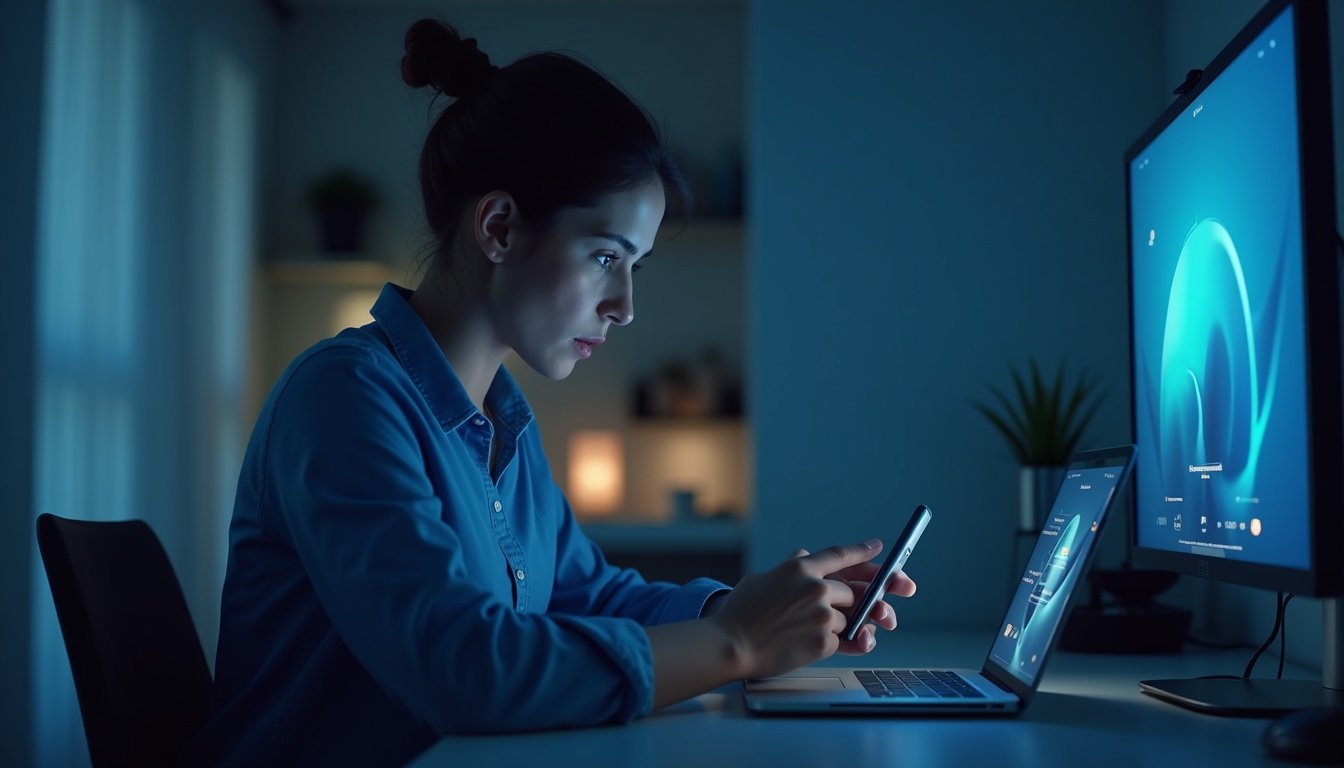 smartphone moderno mostrando interfaz holográfica con iconos de inteligencia artificial y redes neuronales en colores azules y morados