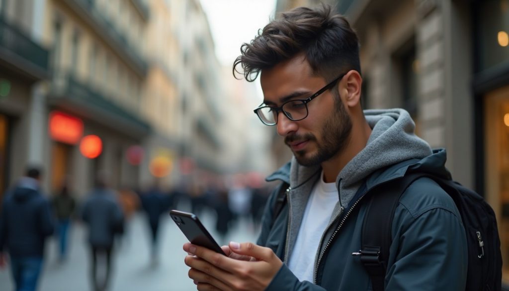 teléfono móvil mostrando pantalla con iconos coloridos de aplicaciones populares en primer plano, fondo minimalista con degradado azul