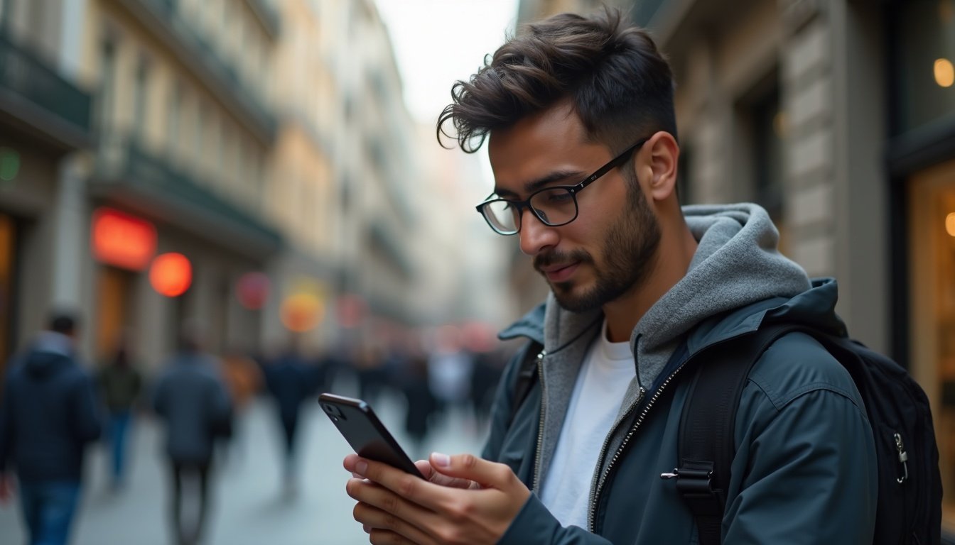 teléfono móvil mostrando pantalla con iconos coloridos de aplicaciones populares en primer plano, fondo minimalista con degradado azul