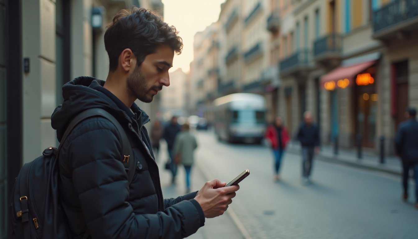 Ilustración smartphone con pantalla mostrando iconos apps coloridas sobre fondo moderno