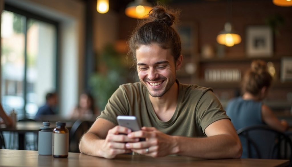 teléfono móvil con apps abiertas mostrando gráficos rendimiento y limpieza, fondo minimalista azul tecnológico