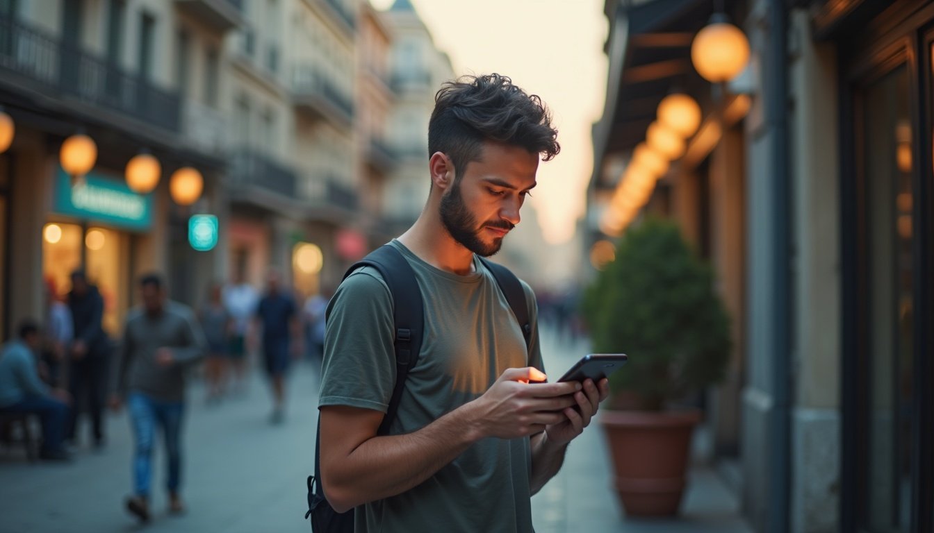 ilustración smartphone moderno con iconos apps flotantes coloridos sobre fondo gradiente azul