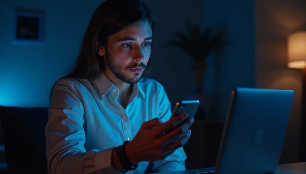 smartphone moderno mostrando interfaz IA con fondo futurista y efectos holográficos