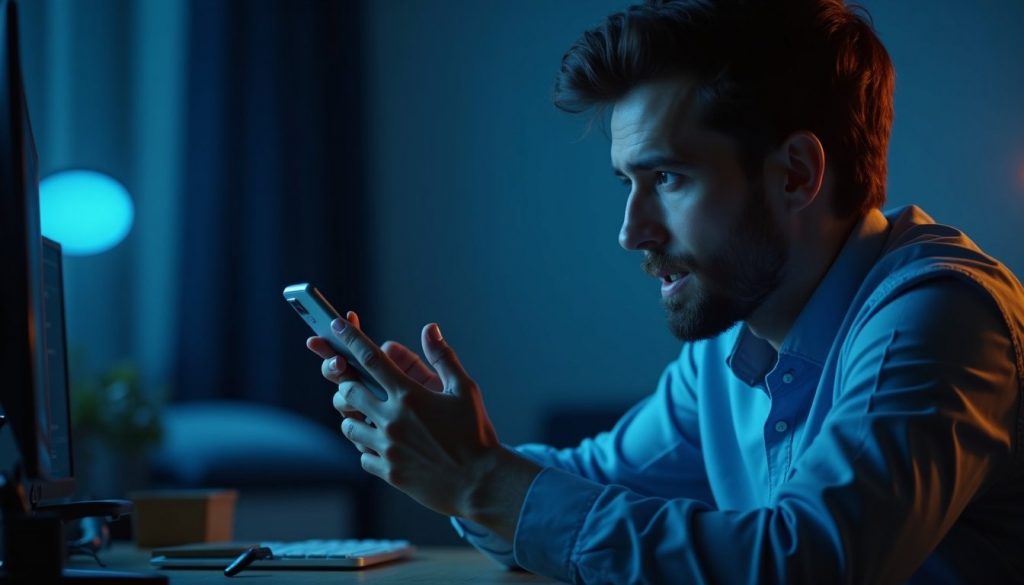 smartphone moderno mostrando interfaz inteligencia artificial con fondo futurista y gráficos holográficos