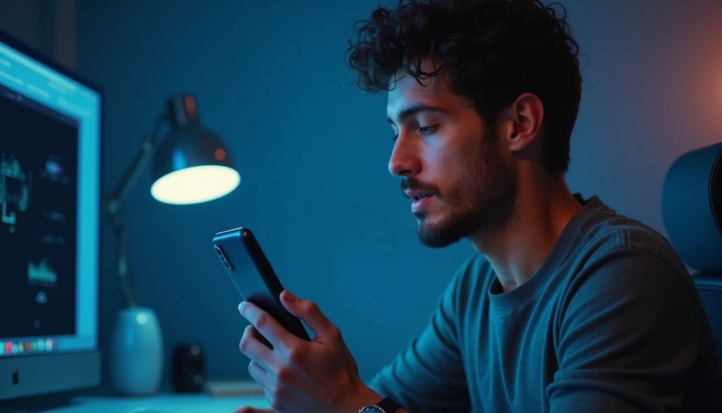 Smartphone moderno mostrando interfaz de inteligencia artificial con efectos de fotografía en pantalla y fondo futurista