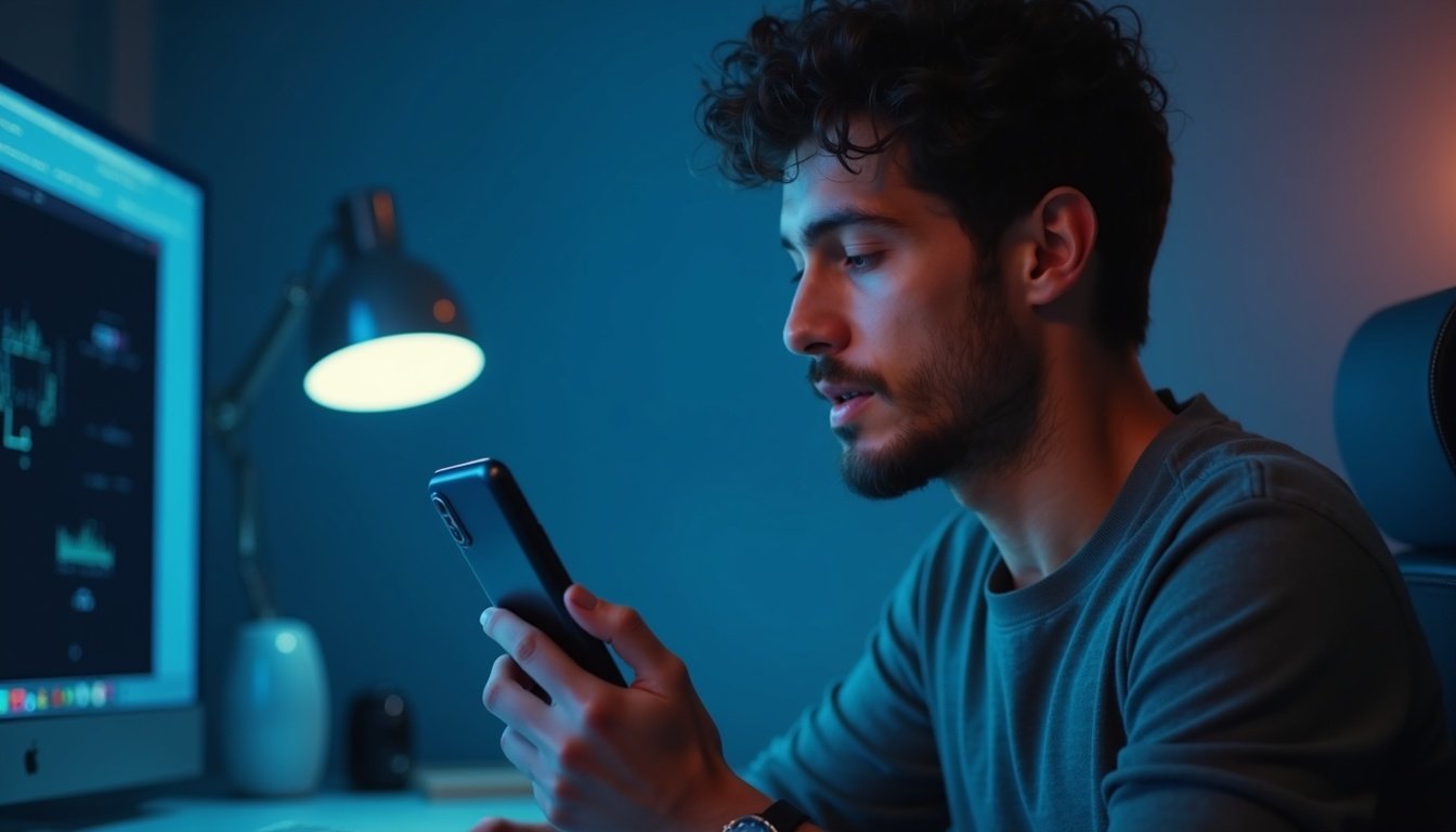 Smartphone moderno mostrando interfaz de inteligencia artificial con efectos de fotografía en pantalla y fondo futurista
