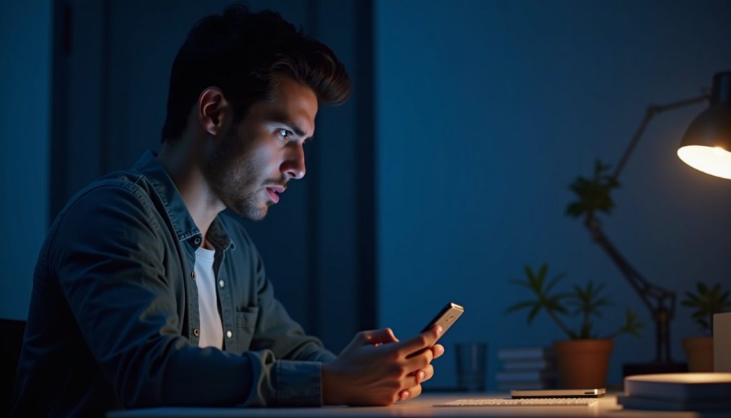 smartphone moderno con holograma interfaz IA flotante sobre pantalla AMOLED