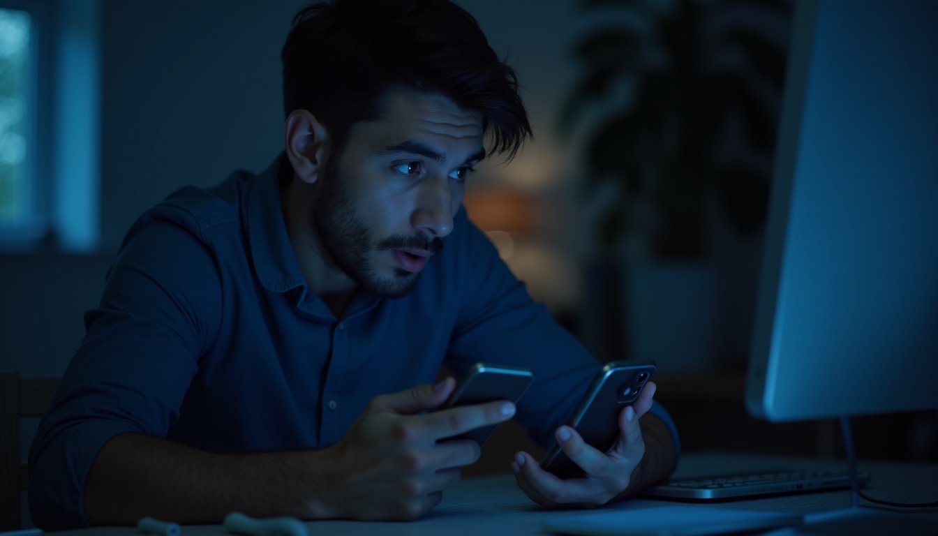 teléfono inteligente mostrando interfaz asistente IA con fondo futurista azul y hologramas