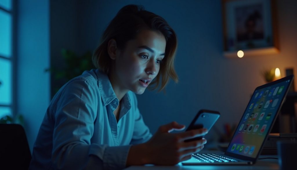 teléfono inteligente futurista mostrando interfaz holográfica de asistente IA con iconos de cámara, batería y apps flotantes en ambiente urbano