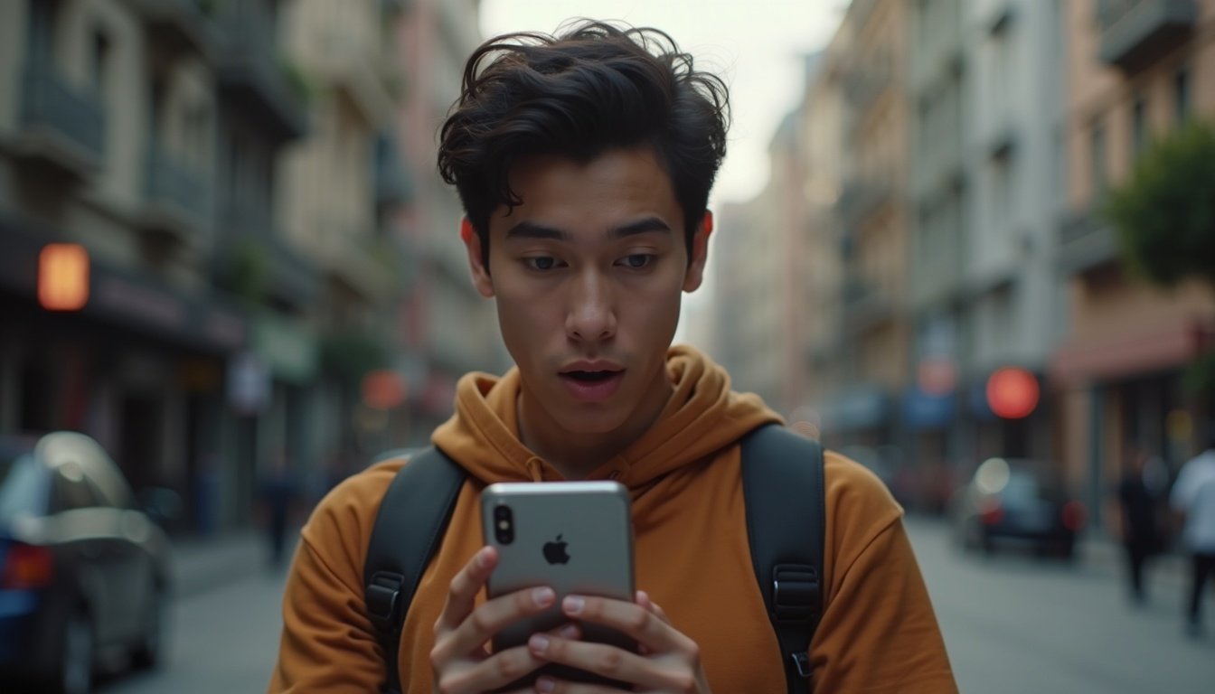 Celular Android moderno en mano mostrando pantalla vibrante con interfaz futurista y fondo desenfocado con luces tecnológicas