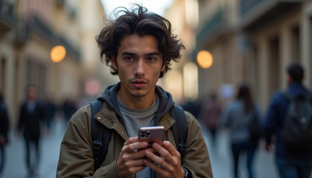 Teléfono Android moderno mostrando pantalla con interfaz futurista y fondo degradado azul-tech