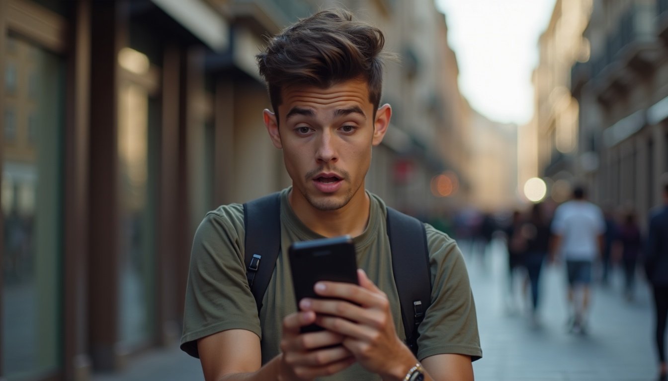 Teléfono Android moderno mostrando pantalla con interfaz futurista y fondo de luces neón