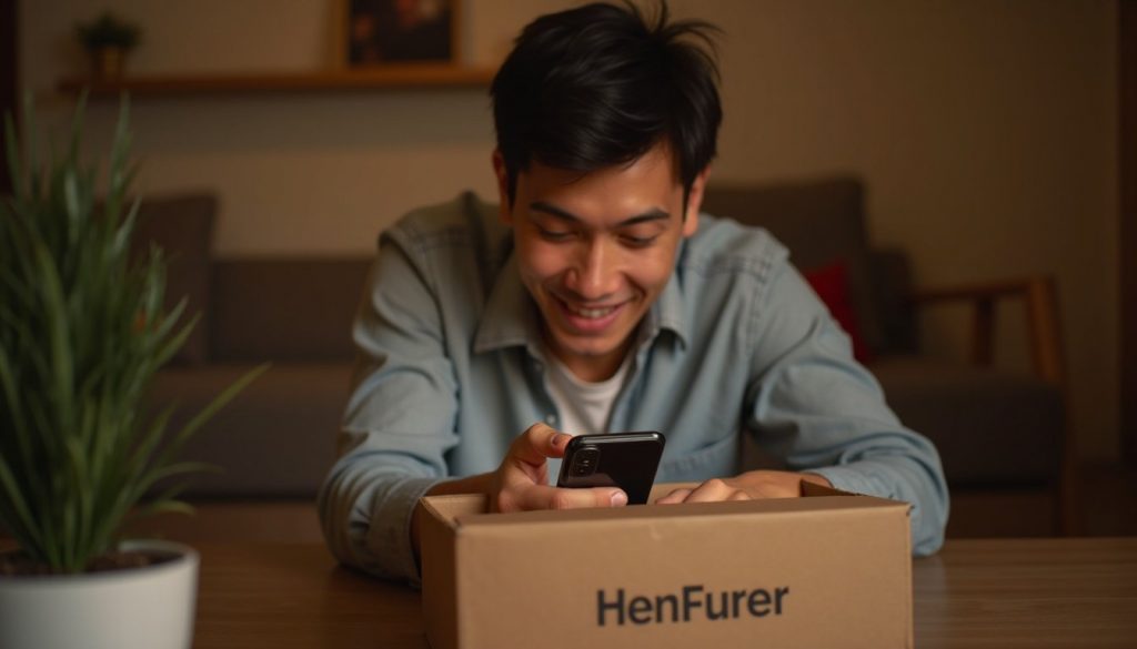 Celular [Marca] en mano mostrando pantalla brillante y diseño moderno con fondo tecnológico