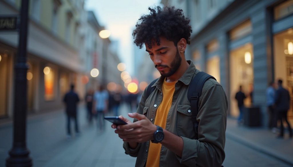 Persona comparando dos smartphones modernos con pantallas brillantes y diseños delgados sobre fondo tecnológico azul