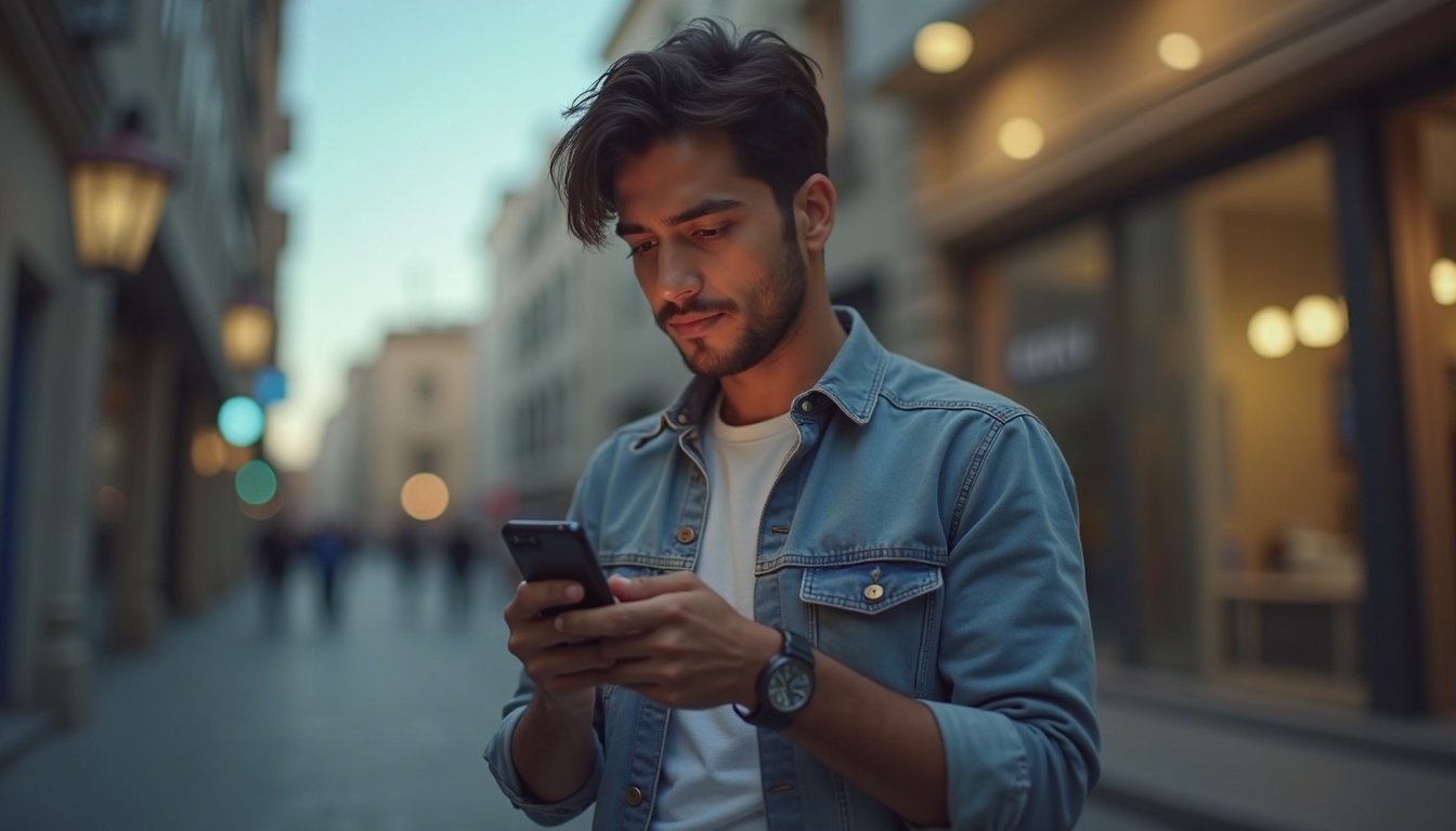 Persona comparando dos smartphones modernos con pantallas brillantes y diseños delgados sobre fondo tecnológico azul con íconos de cámara, batería y procesador