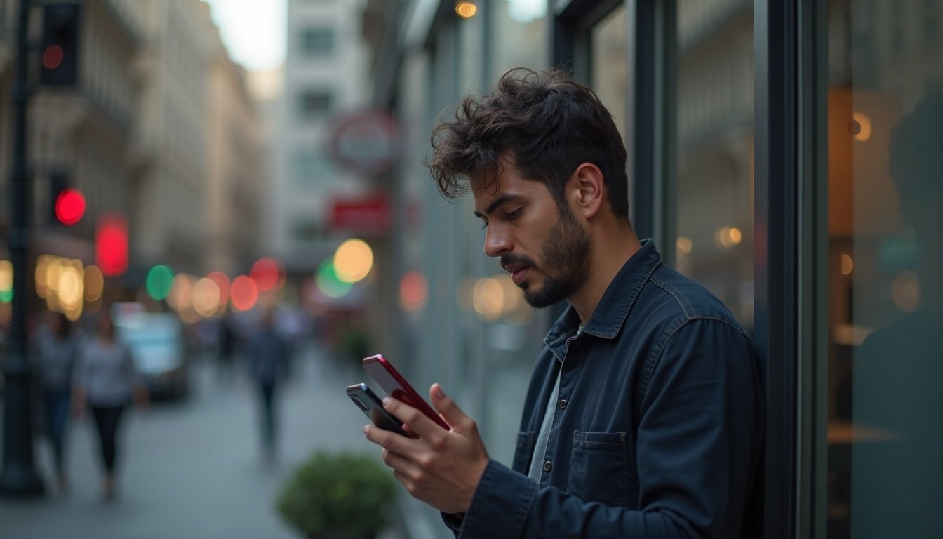 persona comparando dos smartphones modernos con pantallas brillantes y diseños delgados sobre fondo tecnológico azul