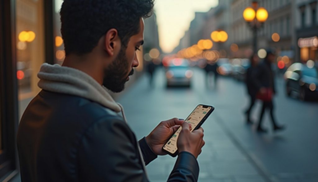 persona comparando dos smartphones modernos con pantallas brillantes en tienda tecnológica