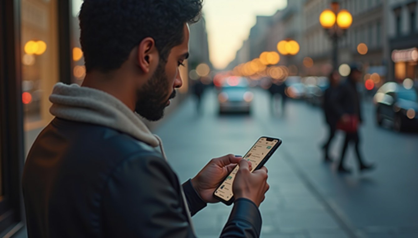 persona comparando dos smartphones modernos con pantallas brillantes en tienda tecnológica