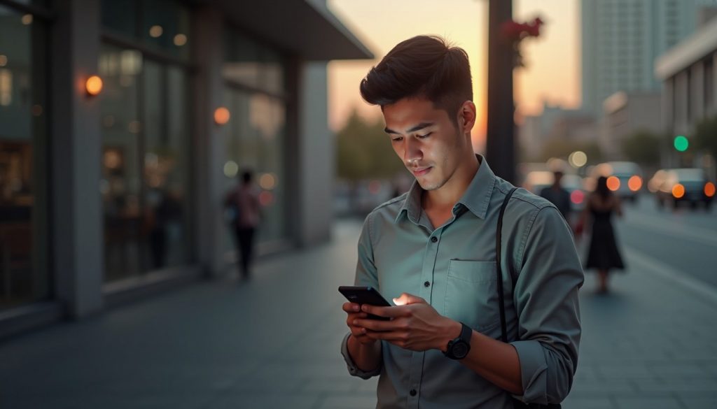 persona comparando dos smartphones modernos con pantallas encendidas mostrando apps y cámaras traseras visibles