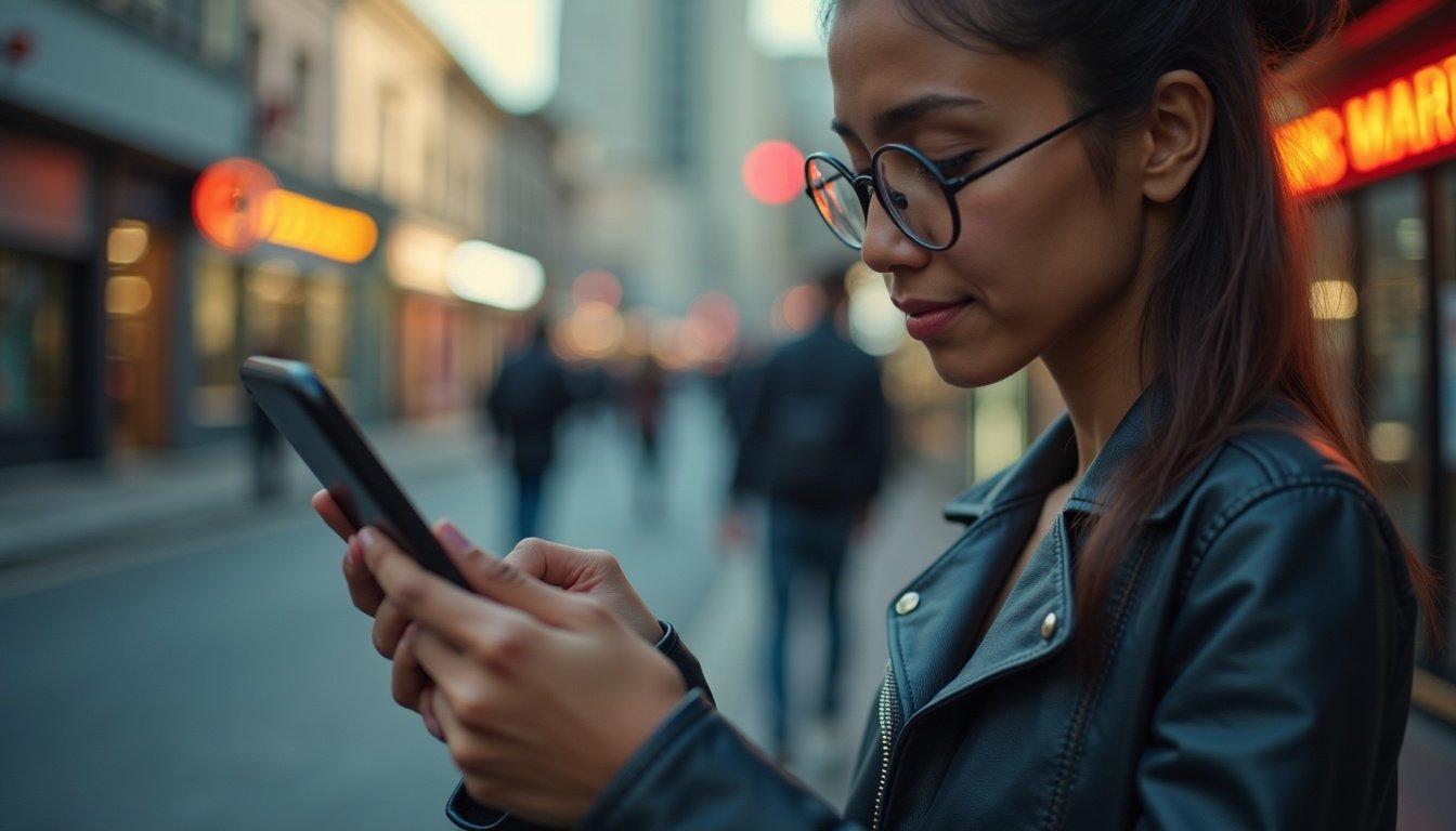 persona comparando dos smartphones modernos con pantallas brillantes y diseños delgados en una tienda de tecnología