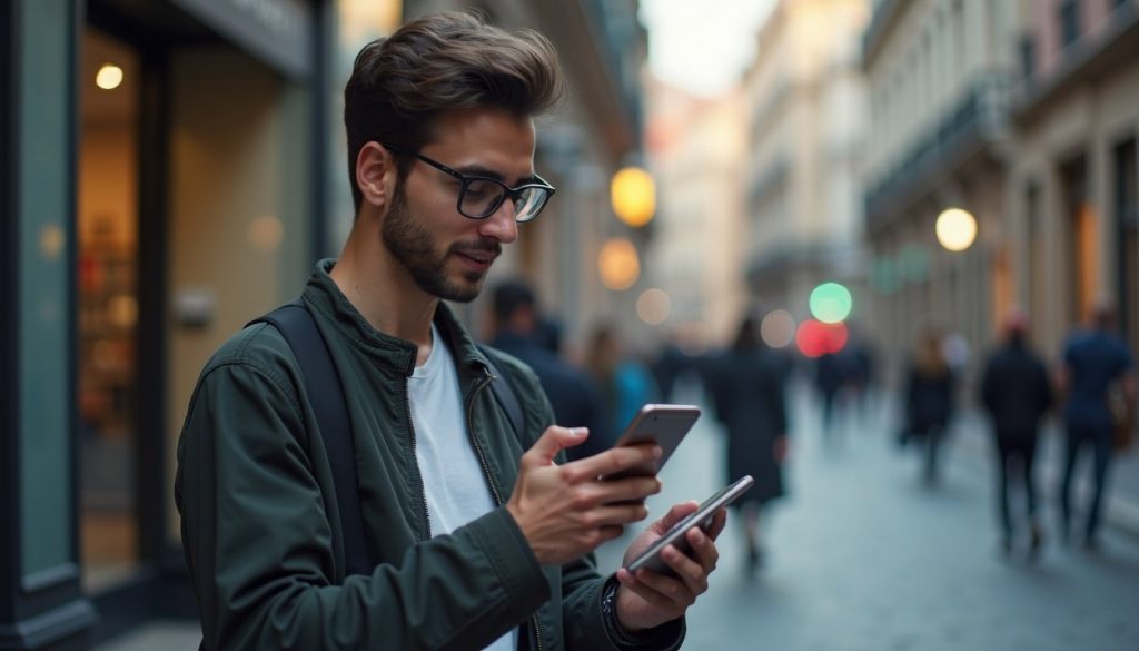 Smartphone mostrando pantalla con iconos coloridos de aplicaciones populares en primer plano, fondo minimalista con degradado azul
