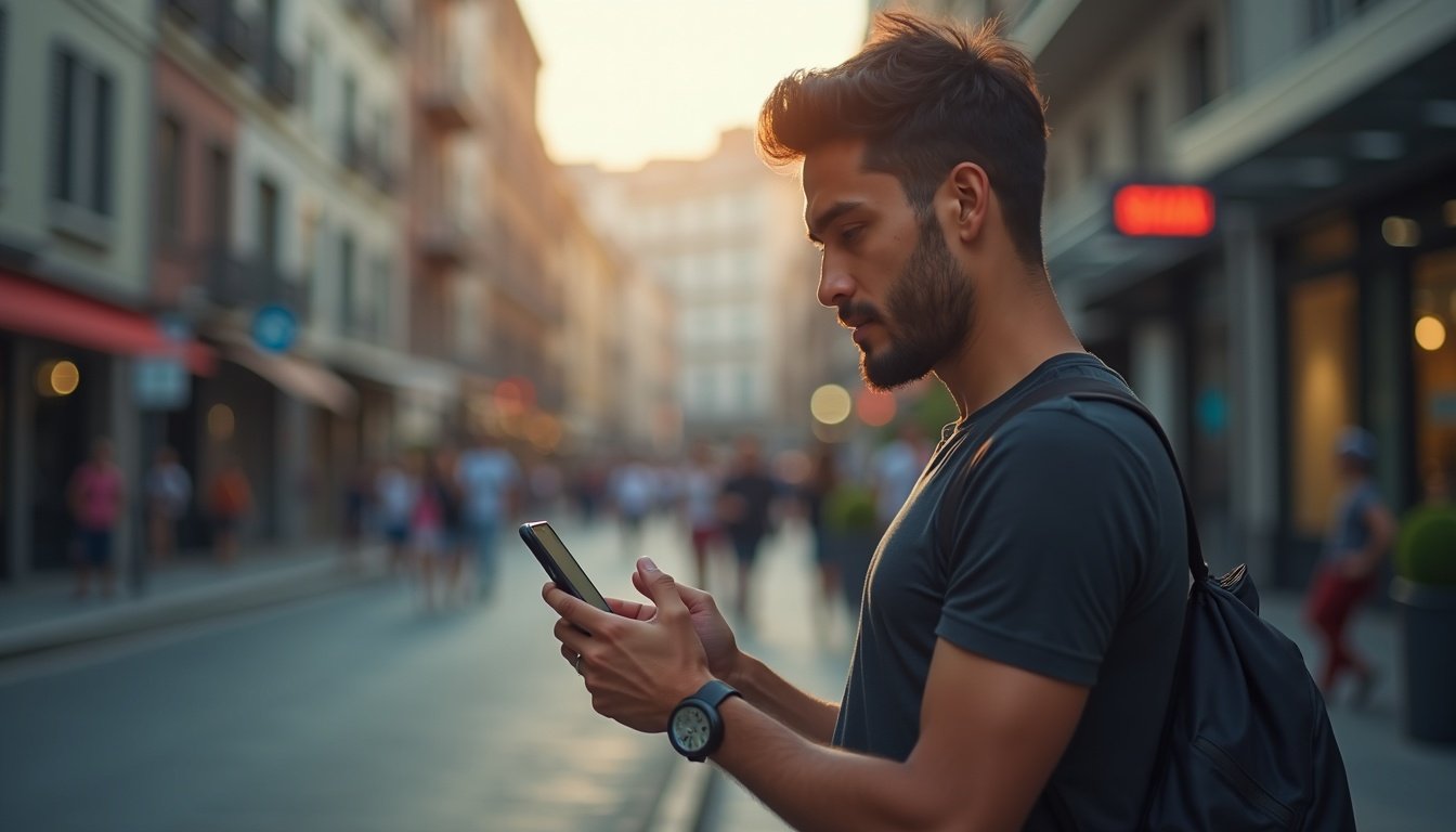 Smartphone mostrando pantalla con iconos coloridos de apps populares sobre fondo minimalista con degradado azul