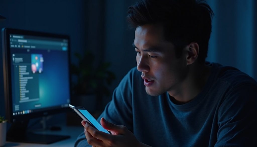 Smartphone futurista mostrando interfaz holográfica de asistente virtual con íconos de IA y aplicaciones flotantes en ambiente urbano nocturno