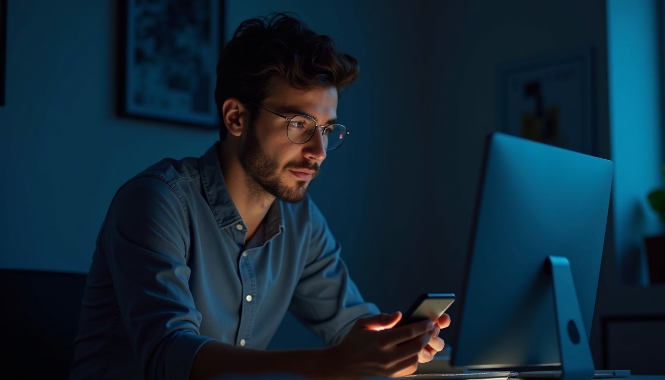 smartphone moderno analizando foto con interfaz IA en pantalla brillante, fondo desenfocado con luces tecnológicas