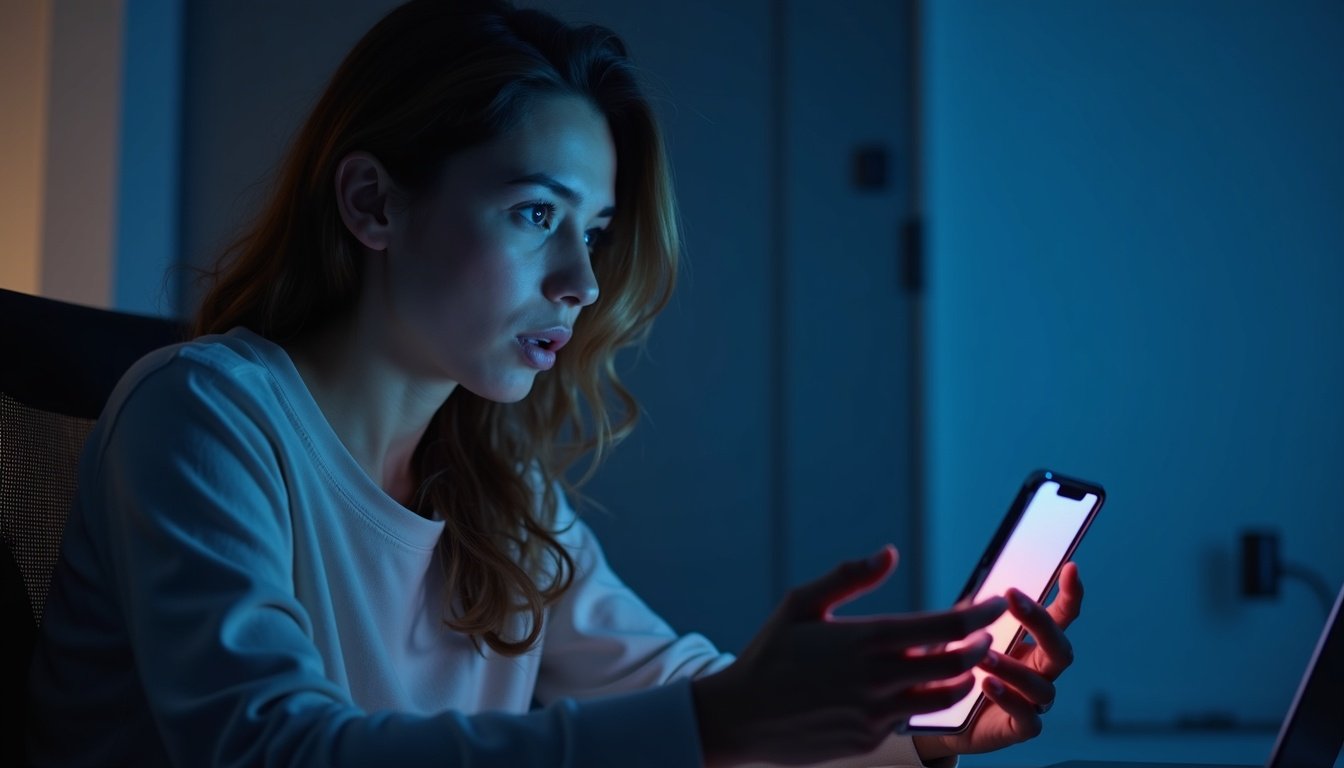 smartphone moderno mostrando interfaz asistente IA con hologramas futuristas y fondo tecnológico azul