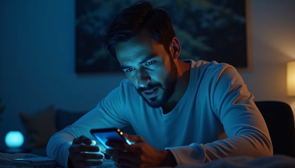 smartphone moderno mostrando interfaz de asistente virtual con iconos de IA y fondo futurista azul